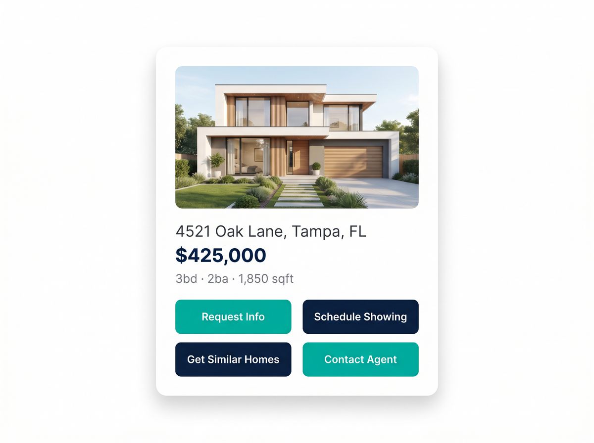 Property listing card for 4521 Oak Lane, Tampa, FL at $425,000 with lead capture buttons: Request Info, Schedule Showing, Get Similar Homes, Contact Agent