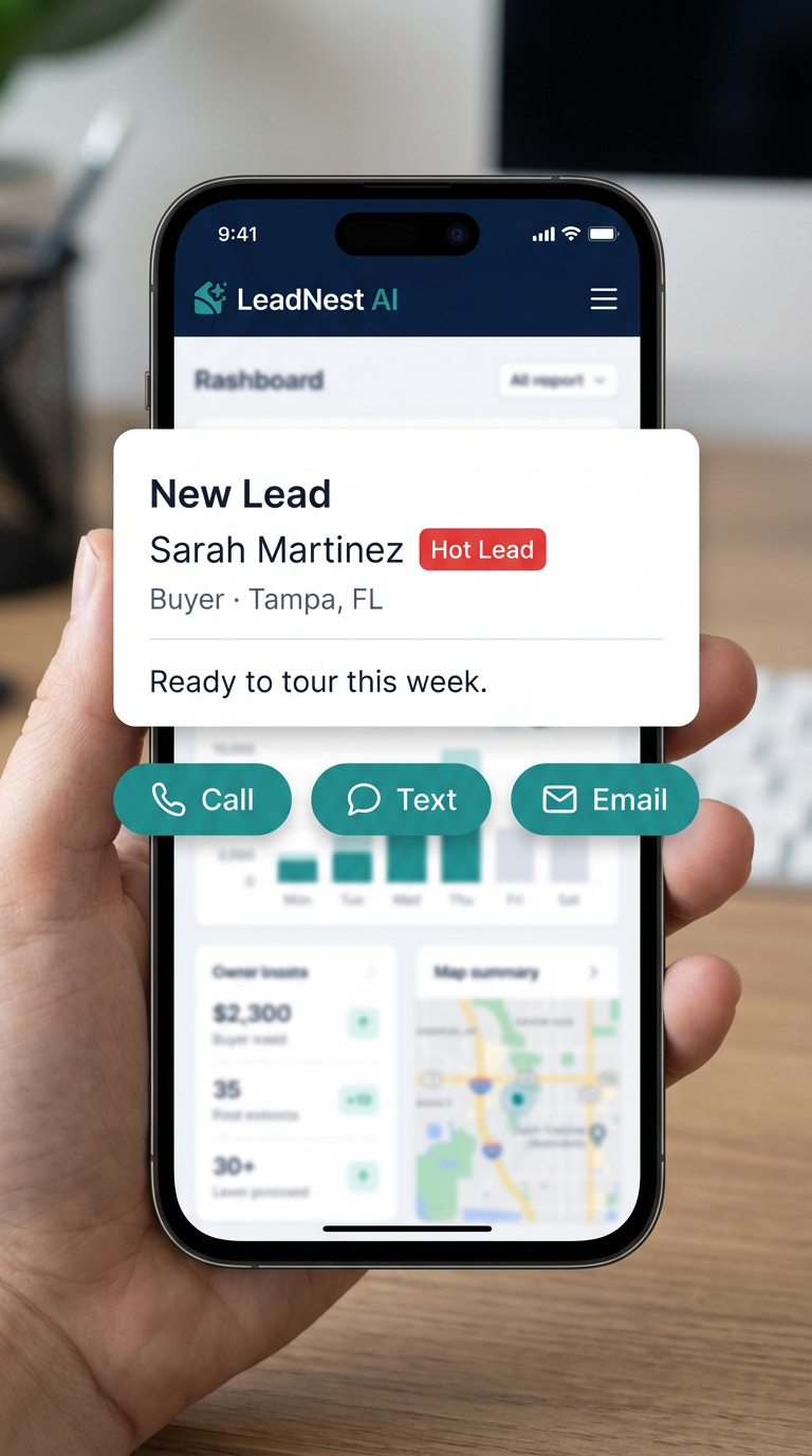Mobile lead alert notification showing new hot lead Sarah Martinez